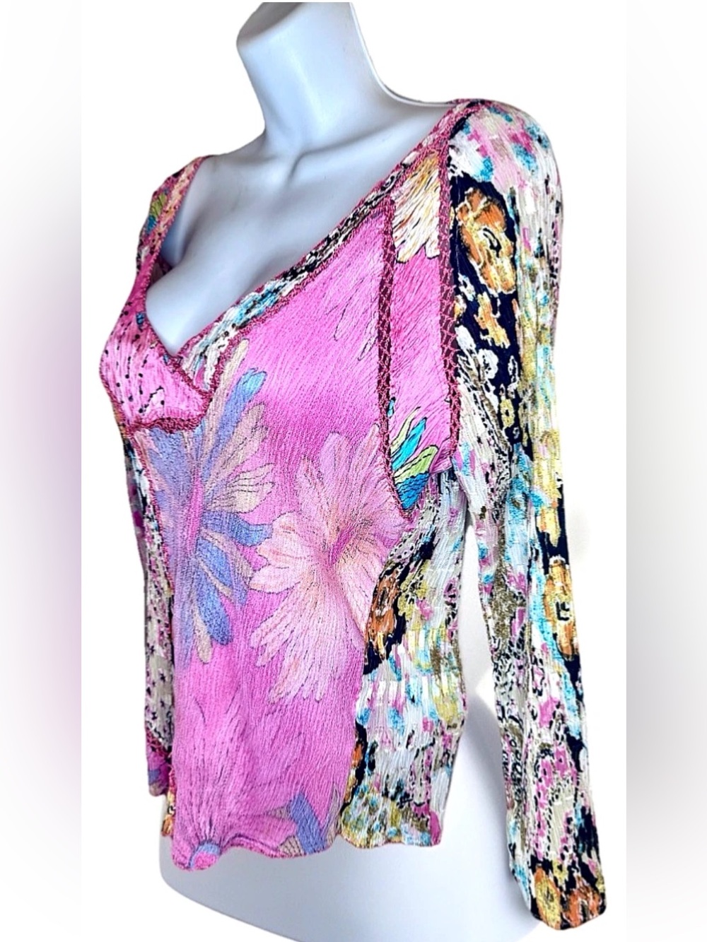 🌸ALBERTO MAKALI🌸 GEO CRINKLE SEQUIN CROCHET STRETCH PLUNGE NECK LONG SLEEVE TOP - Picture 2 of 16